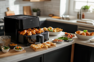 A kitchen sink filled with greasy air fryer baskets 
