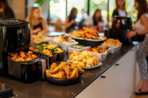 A family-sized meal being prepared in an air fryer